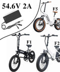 54.6V 2A Universal Ebike And Scooter Charger With Three Plugs For 48V Batteries Includes DC5.5X2.5Mm And DC5.5X2.1Mm 8Mm And 12Mm 3 Prong And 9 Prong Replacements Fits Various F1 F2 F5 Models next to images of ebikes