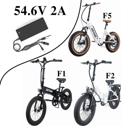 54.6V 2A Universal Ebike And Scooter Charger With Three Plugs For 48V Batteries Includes DC5.5X2.5Mm And DC5.5X2.1Mm 8Mm And 12Mm 3 Prong And 9 Prong Replacements Fits Various F1 F2 F5 Models next to images of ebikes