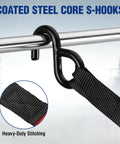 Coated S-hook detail on 1 Inch by 15 Feet Beefy Heavy Duty Ratchet Straps, showing durable polyester webbing and heavy-duty stitching.