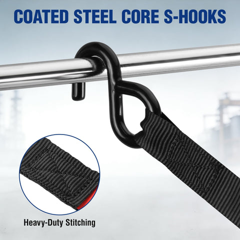 Coated S-hook detail on 1 Inch by 15 Feet Beefy Heavy Duty Ratchet Straps, showing durable polyester webbing and heavy-duty stitching.