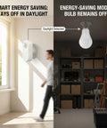 Two Pack Detached Motion Sensor Light Bulbs With External Sensor 3000K Soft Warm White 12W E26 LED 1200 Lumen Indoor Screw In Bulb shown in daylight and dark room
