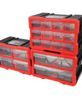 Stacked red and black two drawer interlocking storage bin system with transparent drawers for easy tool storage.