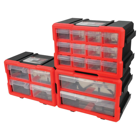 Stacked red and black two drawer interlocking storage bin system with transparent drawers for easy tool storage.