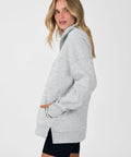 Side view of Womens Quarter Zip Sweatshirt With Oversized Hood Light Gray Cozy Lounge Essential Relaxed Fit Everyday Wear Size Small.