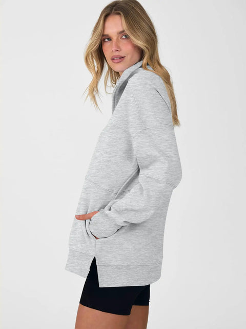 Side view of Womens Quarter Zip Sweatshirt With Oversized Hood Light Gray Cozy Lounge Essential Relaxed Fit Everyday Wear Size Small.