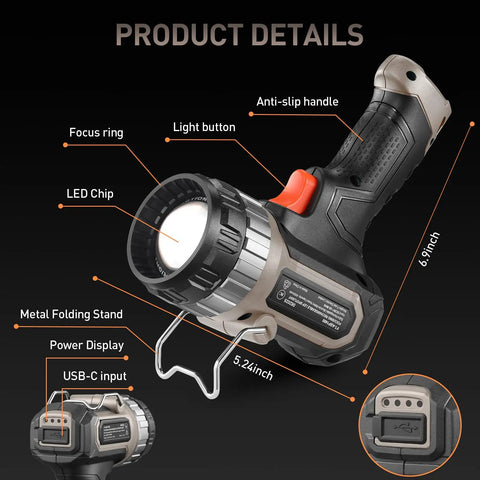 Compact Rechargeable Spotlight With Adjustable Focus And Stand, 2700 Foot Range, Three Light Modes, USB-C input detail