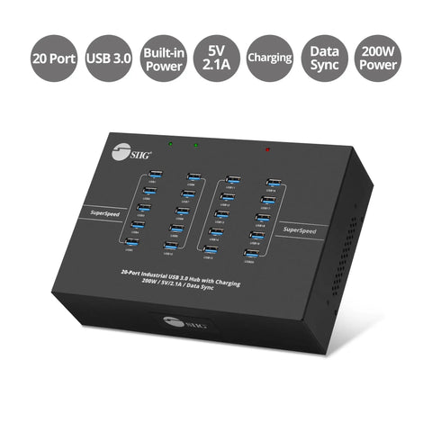 Heavy Duty Industrial USB 3.0 Hub With 20 Ports Delivers Slap 5Gbps Transfer Speeds And Badass 200W Charging Station top view with multiple USB ports.