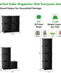 Front and side view of Four Cube Storage Organizer With Durable Plastic Modular Shelves for living room, black finish.