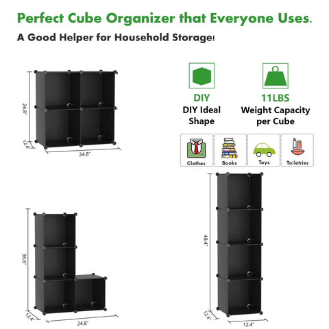 Front and side view of Four Cube Storage Organizer With Durable Plastic Modular Shelves for living room, black finish.