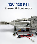 Heavy Duty 12V Air Compressor Kit For Train Horns And Air Ride Suspension, 444 CFM 120 PSI Portable Replacement For Air Lift 16092 16192, chrome design with fittings and flexible hose.