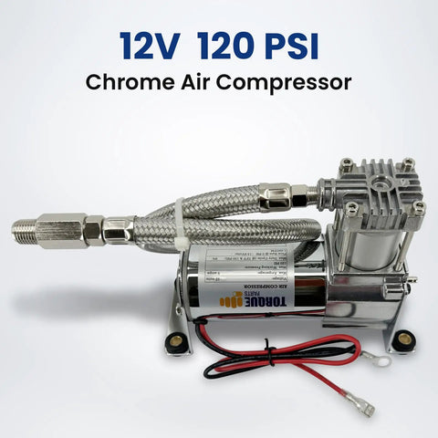 Heavy Duty 12V Air Compressor Kit For Train Horns And Air Ride Suspension, 444 CFM 120 PSI Portable Replacement For Air Lift 16092 16192, chrome design with fittings and flexible hose.