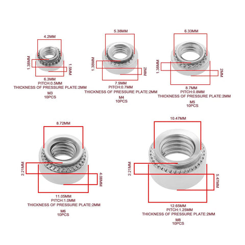 M3 M4 M5 M6 M8 Pack Of Knurled Self Clinching Nuts M3 M4 M5 M6 M8 Crafted From Solid 304 Stainless Steel with measurements