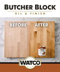 Before and after image of wooden butcher block showing application of Straight Up Food Safe Butcher Block Oil And Clear Wood Finish.