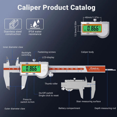 Diagram of Stainless Steel Digital Caliper With Backlit LCD Auto Off IP54 Splash Proof Inch Millimeter Conversion 6 Inch 150 Millimeter Vernier Micrometer Style Tool with labeled parts.