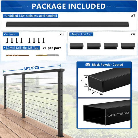 Built Tough 8 Foot T304 Stainless Steel Handrail In Sleek Black For Deck And Stair Projects featuring package details.