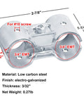 Eight Set Double Port Parallel Pipe Clamp Connectors For Three Quarter Inch Emt Fitting No Shims Needed Built Like A Tank Galvanized Steel Electrical Conduit Coupler With Snug Fit Hardware Dead Simple Install, showing dimensions and labeled features.