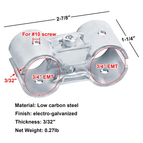 Eight Set Double Port Parallel Pipe Clamp Connectors For Three Quarter Inch Emt Fitting No Shims Needed Built Like A Tank Galvanized Steel Electrical Conduit Coupler With Snug Fit Hardware Dead Simple Install, showing dimensions and labeled features.