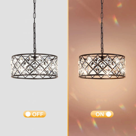 Dope Black Crystal 3 Light Chandelier For Dining Room And Living Room, modern drum pendant, light on and off comparison