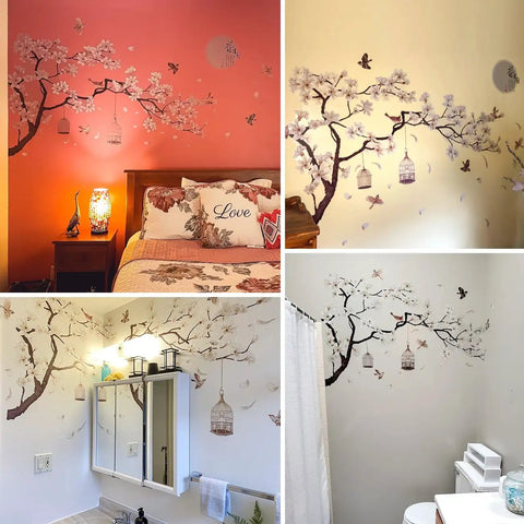 Dope Chinese Style Wall Decal With White Magnolia Blossoms Black Tree Flying Birds And Moon Calligraphy Removable DIY Murals for Kids Rooms