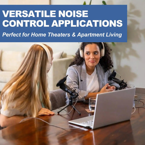 Two women with headphones discussing noise control applications for home studios, showcasing Badass Mass Loaded Vinyl Soundproofing Roll.