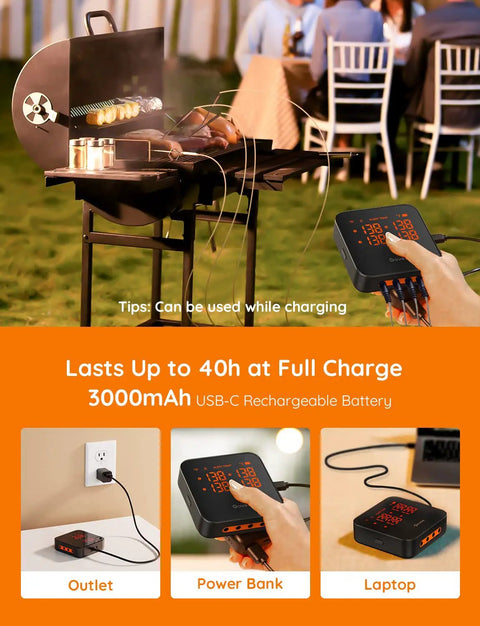 WiFi Meat Thermometer With 4 Probes, Smart Wireless Digital Bluetooth Food Thermometer in use with grill, outlet, power bank