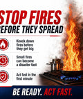 Stop fires before they spread banner with kitchen fire and safety tips on prevention and quick action to control flames.