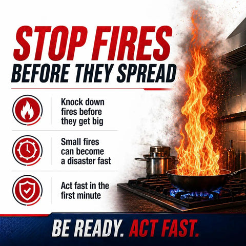 Stop fires before they spread banner with kitchen fire and safety tips on prevention and quick action to control flames.