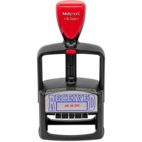 Top Shelf Heavy Duty Self Inking Date Stamp With Crisp Red Ink Lightweight Build Finger Guard Shell One Point Five By Two Point Twenty Five Impressions Snappy Quick Reload Setup showing received date