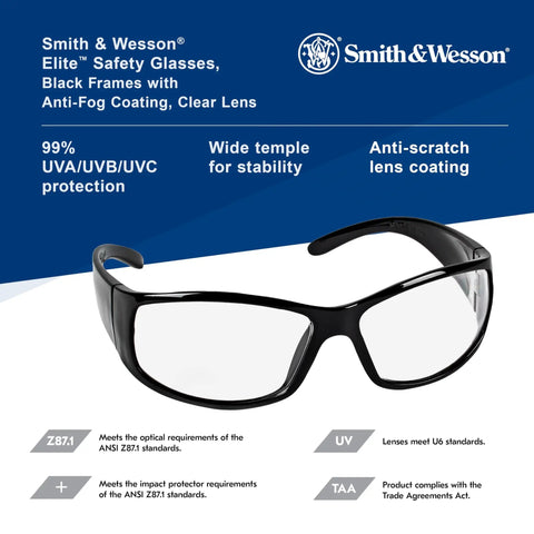 Top Shelf 12 Pack Anti Fog Safety Glasses With Clear Lens And Black Frame Lightweight Unisex Impact Resistant Eye Protection Shooters Swear By For The Range And Workshop, shown with a focus on style and lens clarity.