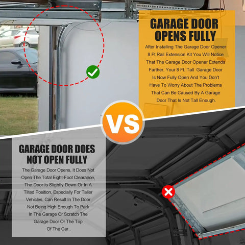 Comparison of garage doors with 8Ft Garage Door Opener Rail Extension Kit with Replacement Belt for Whisper Drive Plus Models Structural Steel Rail Upgrade from 7Ft to 8Ft Easy Install G8808CB P 8808CB Compatible No Fuss Hardware Included, showing fully open door versus partial opening without kit.