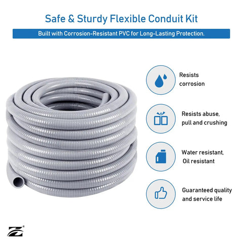 Heavy Duty Three Quarter Inch Flexible PVC Conduit Kit Pro Grade Easy Install With Thirty One Pieces Including Ten Couplings Ten Elbows And Ten Straps UV Resistant UL Listed Gray Coiled Conduit