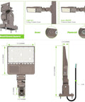 Diagram of Beastly Bright 150W LED Parking Lot Light With Photocell, showing dimensions and mounting options.