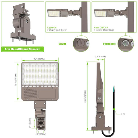 Diagram of Beastly Bright 150W LED Parking Lot Light With Photocell, showing dimensions and mounting options.