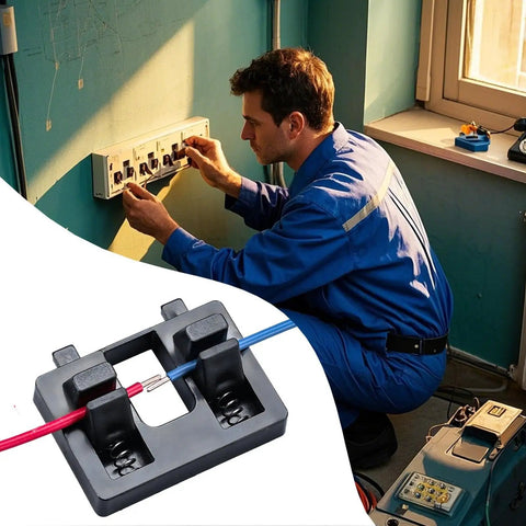 Compact Wire Soldering Clamp Holds Cables Tight For Precise Welding Jobs, Heat Resistant Electric Tool in use during wire installation.