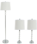 Three Piece Table And Floor Lamp Set With Faceted Crystal Orbs, Includes Three LED Bulbs, Modern Chrome Finish, Drum Shades