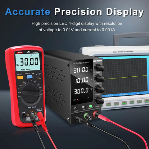Variable DC Power Supply 30V 10A Benchtop Pro-Grade Regulated Switching Power Supply With On Off Output Switch High Precision 4-Digit LED Display USB 5V 2A Port For Lab Prototyping And DIY Electronics with attached multimeter and oscilloscope in background