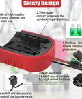 Two Pack Power Wheel Adapters for V20 20V Lithium Batteries CMCB200 to CMCB205, safety design features highlighted.