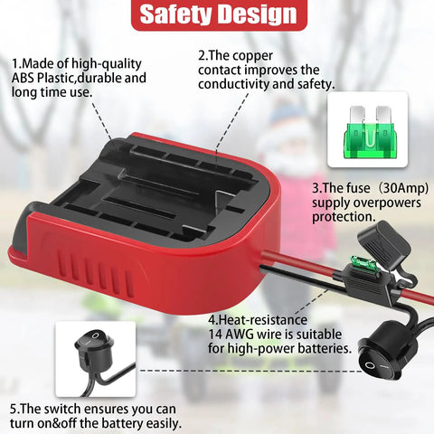 Two Pack Power Wheel Adapters for V20 20V Lithium Batteries CMCB200 to CMCB205, safety design features highlighted.