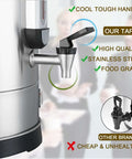 Close-up of the tap on Massive Commercial Coffee Urn With 155 Cup Capacity Dual Layer Industrial Grade Stainless Steel 1500W 120V Hot Water Dispenser For Catering Churches Restaurants Workhorse Keeps Coffee Hot All Day.