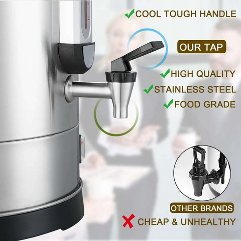 Close-up of the tap on Massive Commercial Coffee Urn With 155 Cup Capacity Dual Layer Industrial Grade Stainless Steel 1500W 120V Hot Water Dispenser For Catering Churches Restaurants Workhorse Keeps Coffee Hot All Day.