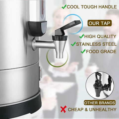 Close-up view of a 100 Cup Coffee Urn For Large Events And Catering, Industrial Coffee Dispenser with stainless steel spout.