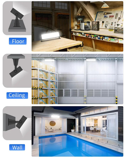 Crazy Bright 100W LED Shop Light Delivers 11000 Lumens Of Daylight 6000K, shown on floor, ceiling, wall for versatility.