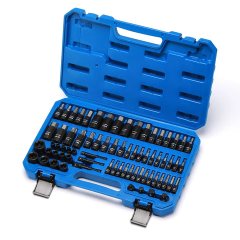 Beast Of A 71-Piece Hex And Torx Socket Set in blue storage case displaying metric and SAE sockets in chrome vanadium steel.