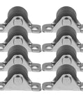 Eight Piece Low Profile Rigid Rubber Caster Wheels Non Swivel Fixed Plate Casters with a silver metal base and black rubber wheels.