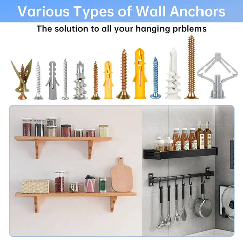 Heavy Duty Drywall Anchors And Screws Kit 300 Piece Assortment In 7 Sizes for wall mounting and kitchen shelf installations