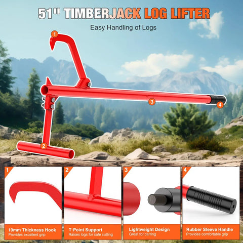 51 Inch Cant Hook For Log Rolling And Firewood Lifting, Heavy Duty Timberjack Tool With Adjustable Steel Cant Hooks, Rubber Grip Handle, Lets You Raise And Roll Logs Up To 15 Inches, Red.