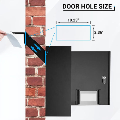 Wall Mount Drop Box With Combination Lock For Home Office Use Beefy Heavy Duty Steel Mail Slot Safe Rainproof Deposit Box With Adjustable Chute Large Sixteen Point Five Inches By Twelve Point Five Inches By Six Inches Secure And Weather Resistant, showing door hole size dimensions.