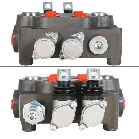 Heavy Duty 2 Spool Hydraulic Directional Control Valve with Joystick, cast iron, double acting, industrial grade, front view