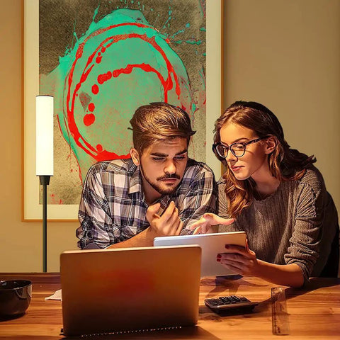 Couple using tablet near Floor Lamp With Remote Control Dope Bright LED Standing Light For Living Room Bedroom Office Stepless 3000K-6000K