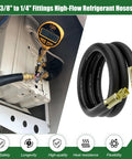 HVAC vacuum hose, 6 ft, 3/8" ID, black high-flow hose with 3/8" to 1/4" brass fittings.